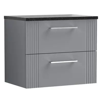 Retro Drawer Wall Hung Vanity Unit with Sparkling Black Laminate Worktop - 600mm - Satin Grey - 