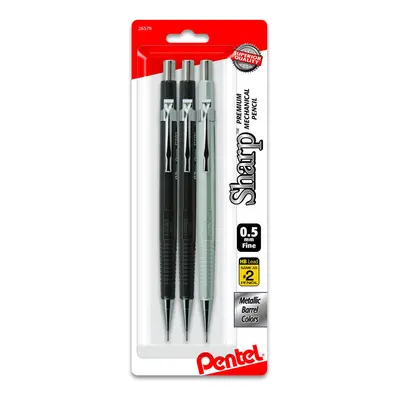 Pentel Sharp Mechanical Pencil 0.5mm Metallic Barrels Assorted Colors Barrels 2N/1Z 3-Pk P205MBP