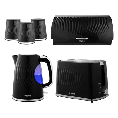 Tower Sonar Black Kettle Slice Toaster BreadBin Canister Kitchen Set