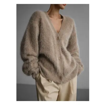 (tan, L) Fashion New Knitted Angola Cardigan Women Luxe Mink Oversized Soft V-neck Long Sleeve S