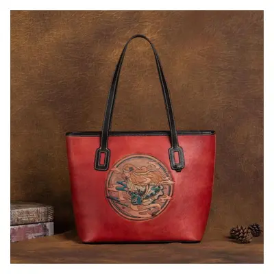 (red, 38*28.5*12cm) Totem Embossing Vintage Design Women Handbags Genuine Leather Shoulder Bags 