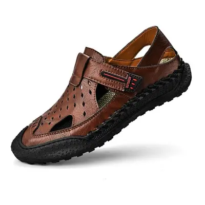 (dark brown, 42) Men Genuine Leather Hand Stitching Breathable Casual Soft Sandals