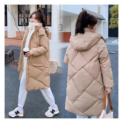 (khaki, XXL) Women&apos;s Autumn Winter Solid Color Hooded Rhombic Lattice Loose Casual Medium L