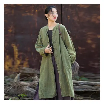 (green, One Size) Johnature Women Vintage Trench Stand Long Sleeve Solid Color Button Autumn Coa