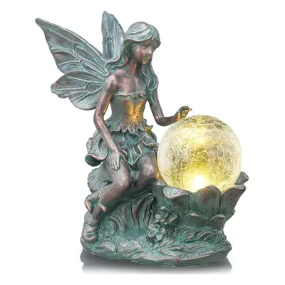 Garden Ornaments Outdoor, Sitting Bronze Fairy Garden Statues with Solar Crack Glass Ball, Water