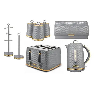 Tower Empire Grey Kettle, Slice Toaster Bread Bin Canisters Mug Tree