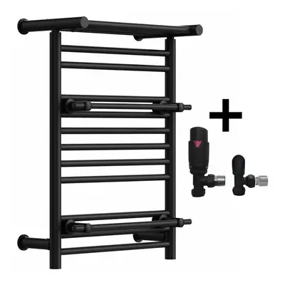 (Matt Black, With TRV Angled Valves) Designer Heated Towel Rail Radiator With Top Shelf OSLO