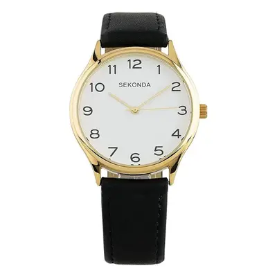 Sekonda Black and Gold Leather White Dial Strap Watch