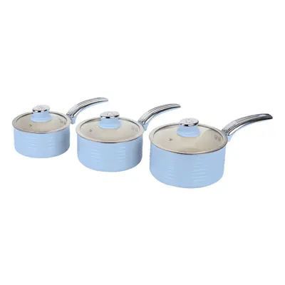 Swan Blue Retro 3pce Saucepan Set 16cm/18cm/20cm with Glass Lids, Non-Stick & Compatible with In