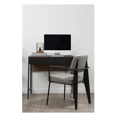 Sleek And Sturdy Oak Veneer Desk, Ample Storage Grey Gloss Desk, Versatile And Space Efficient W