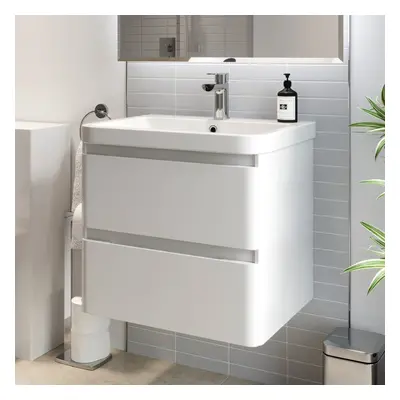 Bathroom Wall Hung Vanity Unit Wash Basin Base Cabinet Two Drawers Storage White