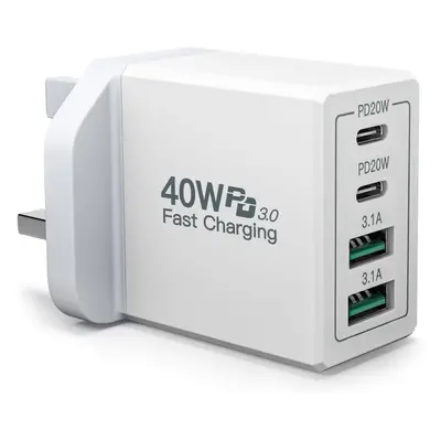 USB C Plug, 40W 4-Port Fast USB C Charger PD Power Adapter + QC USB A