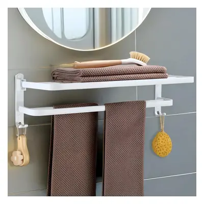 (23-Inch, White) Bathroom Towel Holder with Hooks, Foldable Towel Rack Wall Mounted