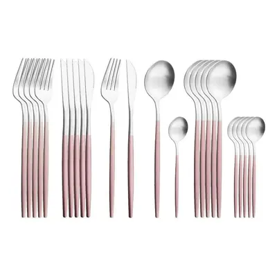 (pink,silver) 24pcs Gold Matte Cutlery Set Stainless Steel Dinnerware Set Silver Knife Fork Spoo