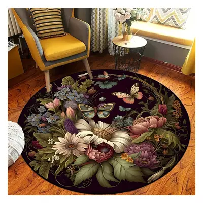 (150X150cm) 1pcs Darkness Butterfly Floral Pattern Round Area Rug Indoor Non-slip Washable Fiber