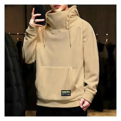 (khaki, XXXL) Thick Fleece Hoodies Men Autumn Winter High Neck Hooded Hoodies Windproof Hip Hop 