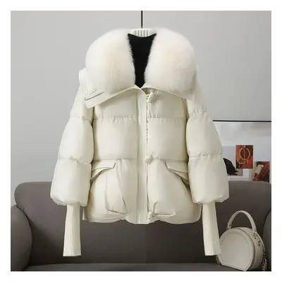 (white, L) Winter Women&apos;s Warm Coat Thicken Fur Collar Jacket Short Down Cotton Loose Outwe