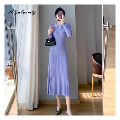 (purple, One Size) French Style Autumn Winter Women Sweater Dress Turn-down Collar Black Apricot