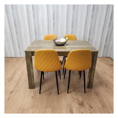 Dining Table and Chairs Rustic Effect Table with Mustard Gem Patterned Chairs