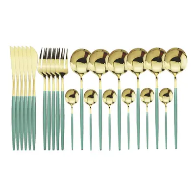 (mint green,gold) 24pcs Black Gold Dinnerware Set Stainless Steel Cutlery Set Kitchen Fork Knife