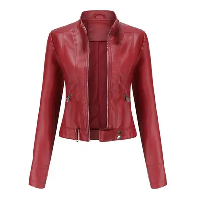 (burgundy, M) Women&apos;s Short Small Coat Spring Autumn Stand Collar Long Sleeve Thin Leather 