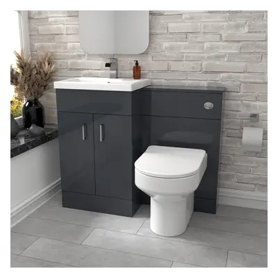 Nes Home Dark Grey Vanity Basin Cabinet, WC Unit & Comfort Back To Wall Toilet