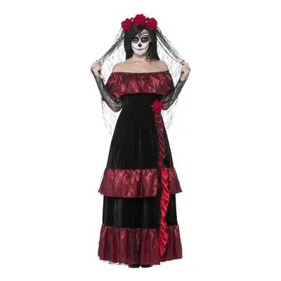 (L, Black/Red) Smiffys Womens/Ladies Deluxe Bride Day Of The Dead Costume Set