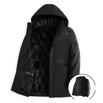 (black, XXXL) Men&apos;s Winter Windproof Warm Mid-length Jackets New Business Casual Hooded Coa