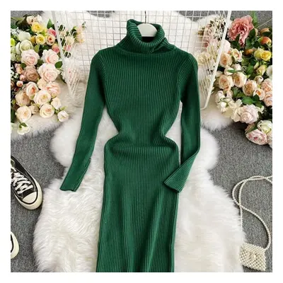 (green, One Size) New Autumn Winter Women&apos;s Dress Temperament Solid Color Thicken Knit Dres