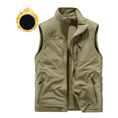 (khaki, 6XL) Fall/winter Plus Velvet Vest Outdoor Sports Vest For Middle-aged And Elderly Men Qu