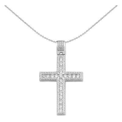 Jewelco London Unisex Rhodium Plated Sterling Silver CZ Fine Outline Channel Set Cross Pendant N