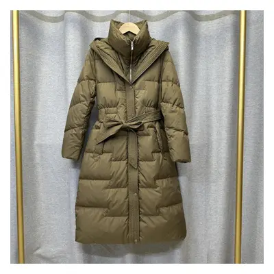 (khaki, L) Women&apos;s Winter Autumn Hooded White Duck Down Jacket Coat Loose Long Solid Color 