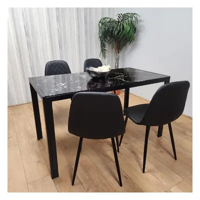 Marble Glass Dining Tbale with Diamond Patterned Black Chairs Dining Set for