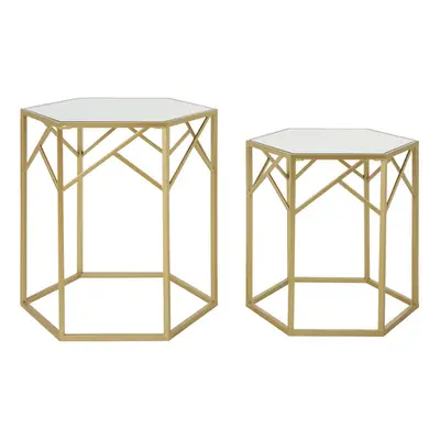 Premier Housewares Set Of Round Bedside Table For Lamp Mirror Tops With Gold Finish Tables For L