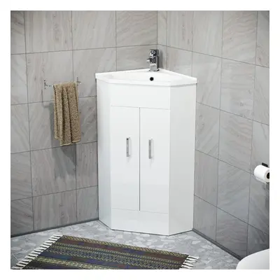 Nes Home White Corner Vanity Unit with Ceramic Basin and Square Mixer Tap + Waste