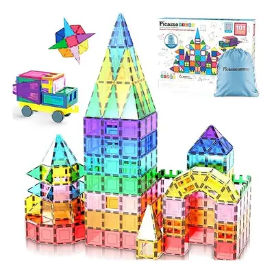 PicassoTiles 101pc Magnetic Tile Building Blocks with Car Base Drawstring Carry Toy Storage Bag 