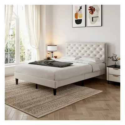 (Beige with Adjustable Button) 135cm*190cm, Double Upholstered Velvet Bed Frame