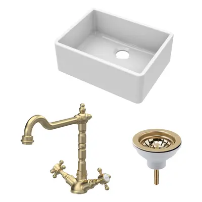 Fireclay Kitchen Bundle - Single Bowl Butler Sink, Strainer Waste & French Classic Mono Tap, 595