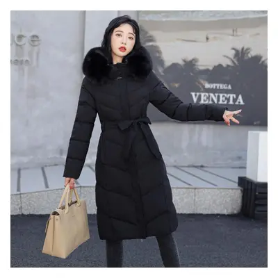 (black, XXXL) Thick Fur Collar And Long Over-the-knee Down Jacket Floral Coat