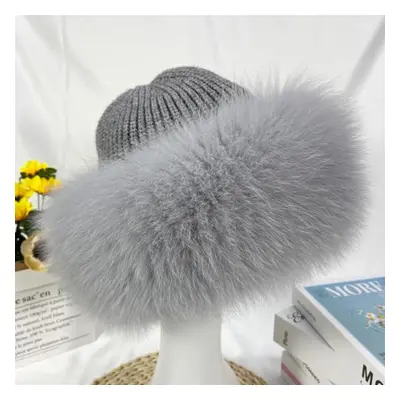 (grey, One Size) Winter Hats Women Fox Fur Fluffy Warm Fashion Stylish Fedoras Knitted Fur Hat