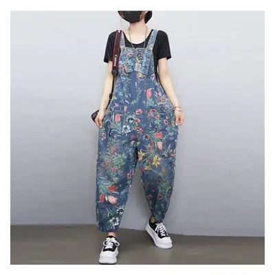 (2XL, blue) Fashion Streetwear Print Floral Denim Jumpsuit Women Casual Loose Wide Leg Pants Rom