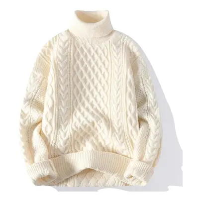 (ivory, 4XL) High Quality Men&apos;s Turtleneck Pullover Solid Color Knit Sweater Men&apos;s Cas