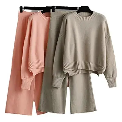 (pink) Autumn Winter Women Piece Wide Leg Pants Sets O Neck Sweaters Cashmere Knitted Tracksuits