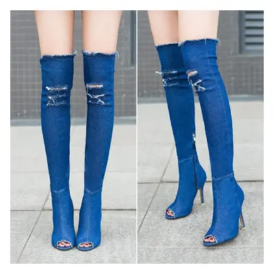 (blue, 37) Boots Womens Fashion Sexy Denim Long Boots Street Over The Knee Fish Mouth Retro Stil