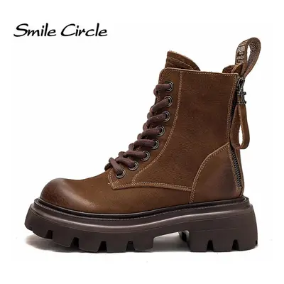 (brown, 38) Natural Leather Chunky Women&apos;s Martin Boots High Top Back Zipper Thick Sole Boo