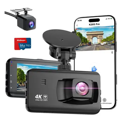 (K20SPro) Dash Cam Front and Rear WiFi Dashcam, 4K+1080P Dual Dash Camera for Cars with 64GB SD 