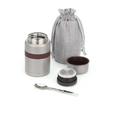 (Gray) ml Vacuum Insulated Hot Food Flask, Stainless Steel Food Jar with Folding Spoon Storage B