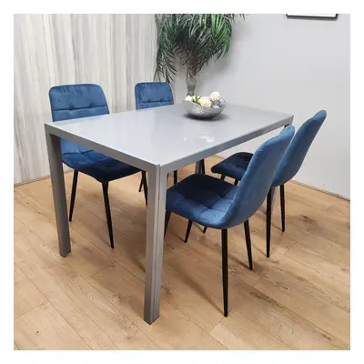 Dining Table and Blue Velvet Chairs Grey Glass Table Velvet Chairs Dining Room Furniture