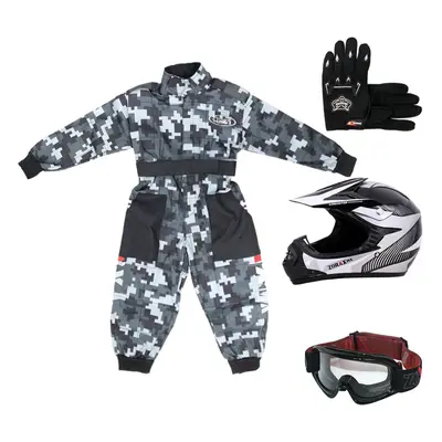 (White, XS) ZORAX X19 Kids Motocross MX Helmet Motorbike Camo Suit Karting Gloves Goggles