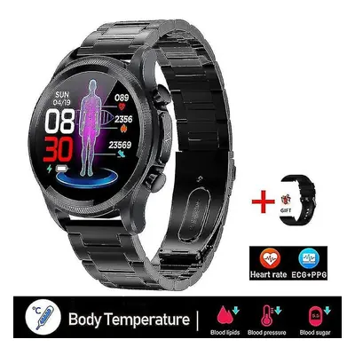 (Steel strip black) Blood Glucose Smart Watch Ecg ppg Monitoring Blood Pressure Body Temperature